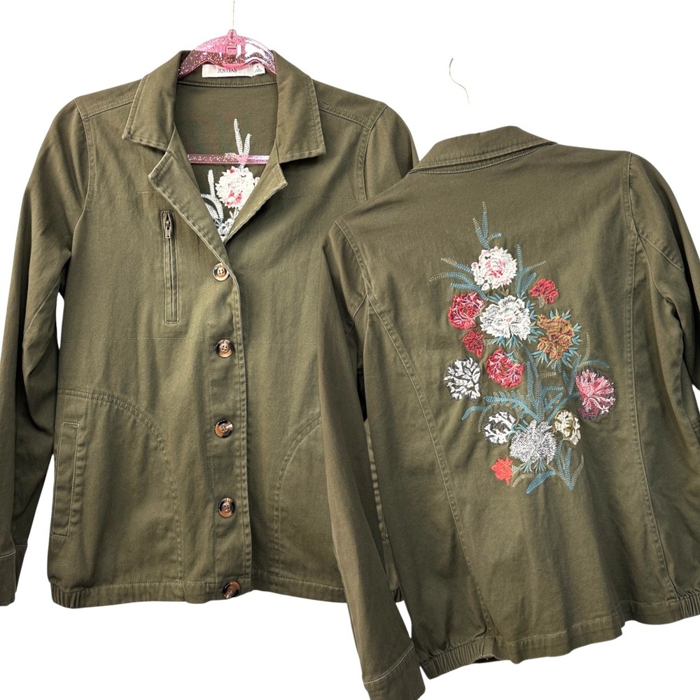 JUSTFAB Olive Green Floral Embroidered Military Utility Jacket Size S Boho